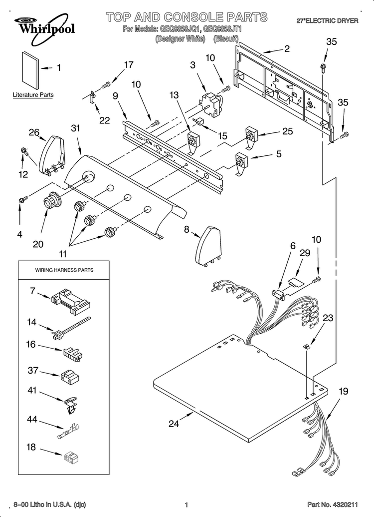 Top And Console/lit/optional Diagram and Parts List for OEM3-GEQ8858JQ1  Whirlpool Dryer