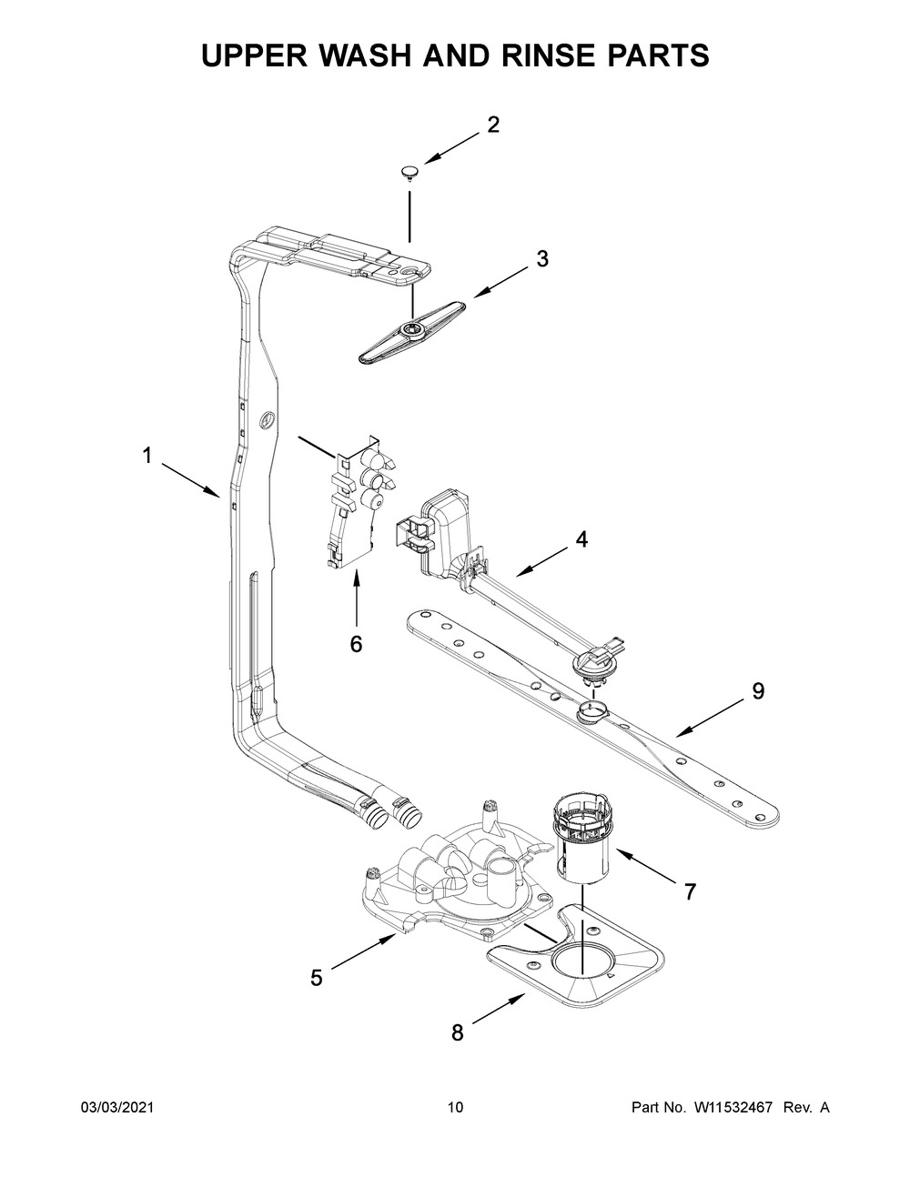 Upper Wash And Rinse Parts Diagram and Parts List for KDTE104KPS0  Whirlpool Dishwasher