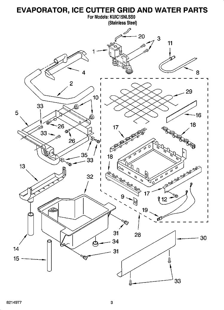 EVAPORATOR, ICE CUTTER GRID AND WATER PARTS Diagram and Parts List for KUIC15NLSS0  KitchenAid Ice Maker