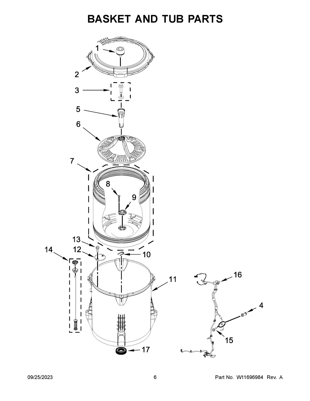 Basket And Tub Parts Diagram and Parts List for RTW4519PW0  Roper Washer