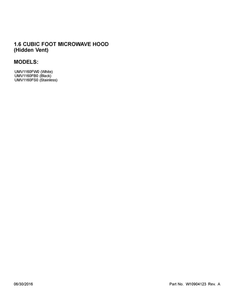 Cover Sheet Diagram and Parts List for UMV1160FB0  Whirlpool Microwave