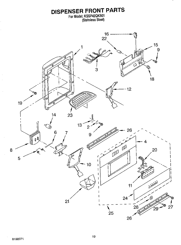 DISPENSER FRONT Diagram and Parts List for KSSP42QKS01  KitchenAid Refrigerator