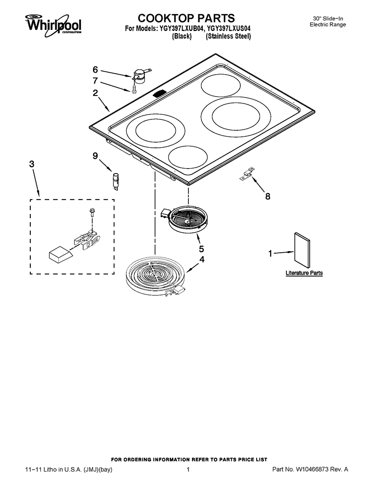 COOKTOP PARTS Diagram and Parts List for YGY397LXUS04  Whirlpool Range