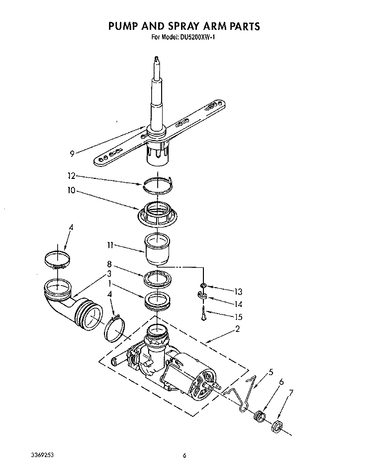 PUMP AND SPRAY ARM Diagram and Parts List for DU5200XW1  Whirlpool Dishwasher