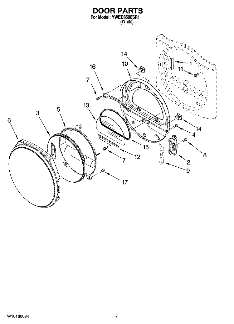 DOOR PARTS, OPTIONAL PARTS (NOT INCLUDED) Diagram and Parts List for YWED8500SR1  Whirlpool Dryer