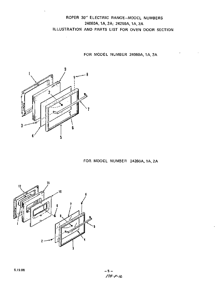 OVEN DOOR Diagram and Parts List for 2426W0A  Roper Range