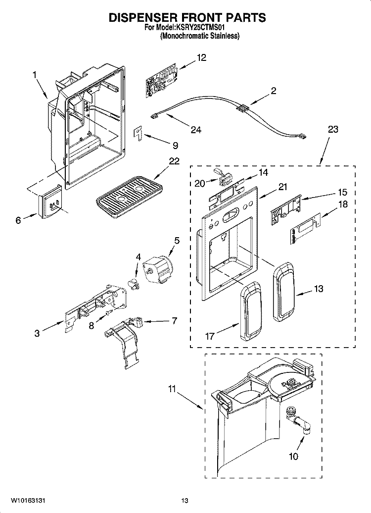 DISPENSER FRONT PARTS Diagram and Parts List for KSRY25CTMS01  KitchenAid Refrigerator