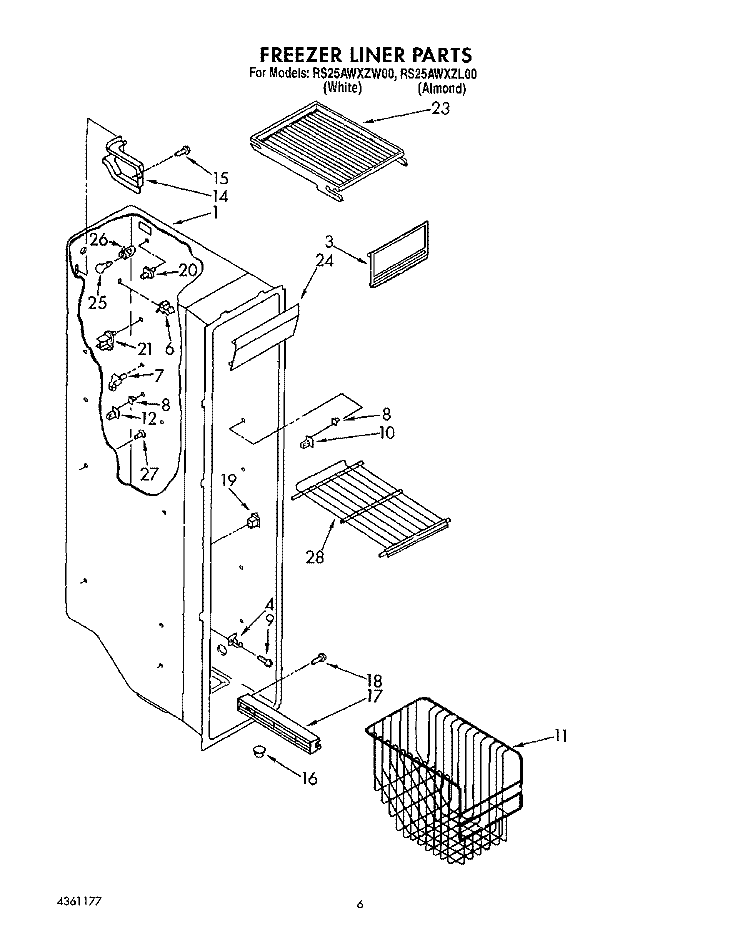 FREEZER LINER Diagram and Parts List for RS25AWXZW00  Roper Refrigerator