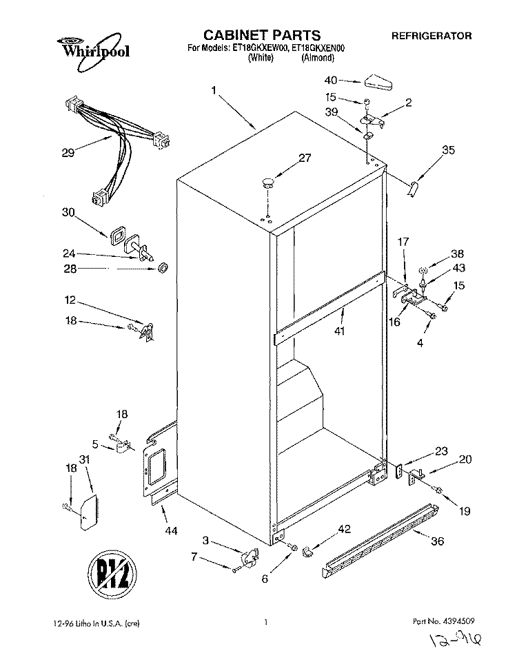 CABINET Diagram and Parts List for ET18GKXEW00  Whirlpool Refrigerator