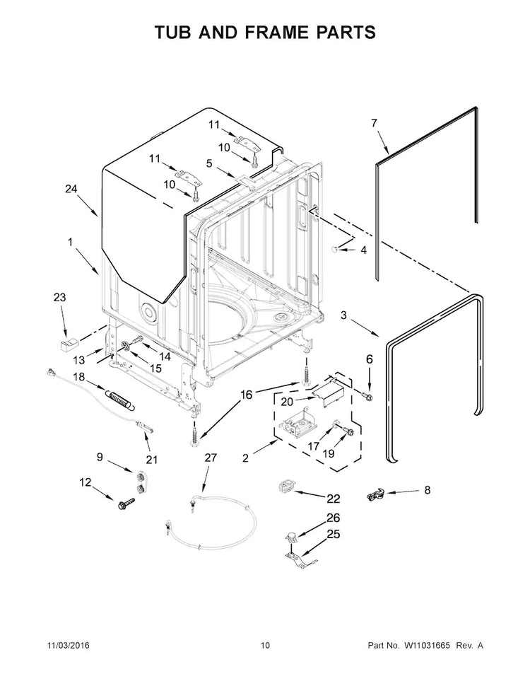 Tub And Frame Parts Diagram and Parts List for KDTE204EPA3  KitchenAid Dishwasher