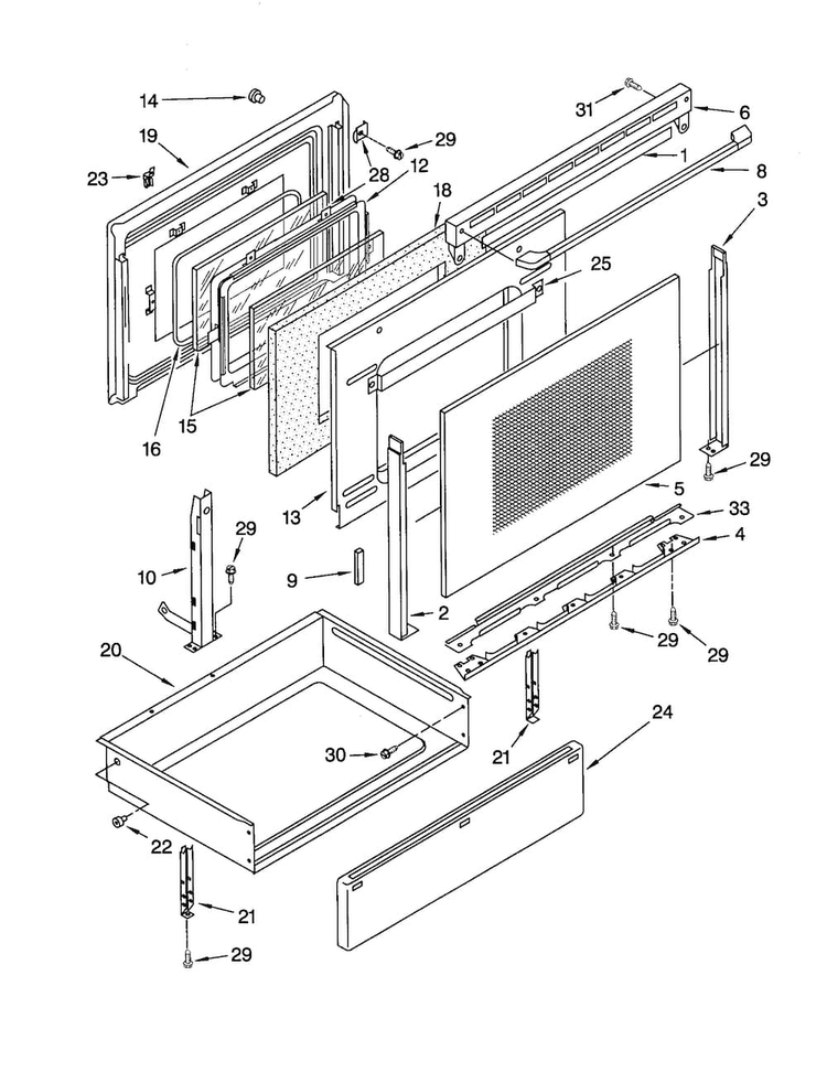 Door And Drawer Diagram and Parts List for GR450LXHQ1  Whirlpool Range