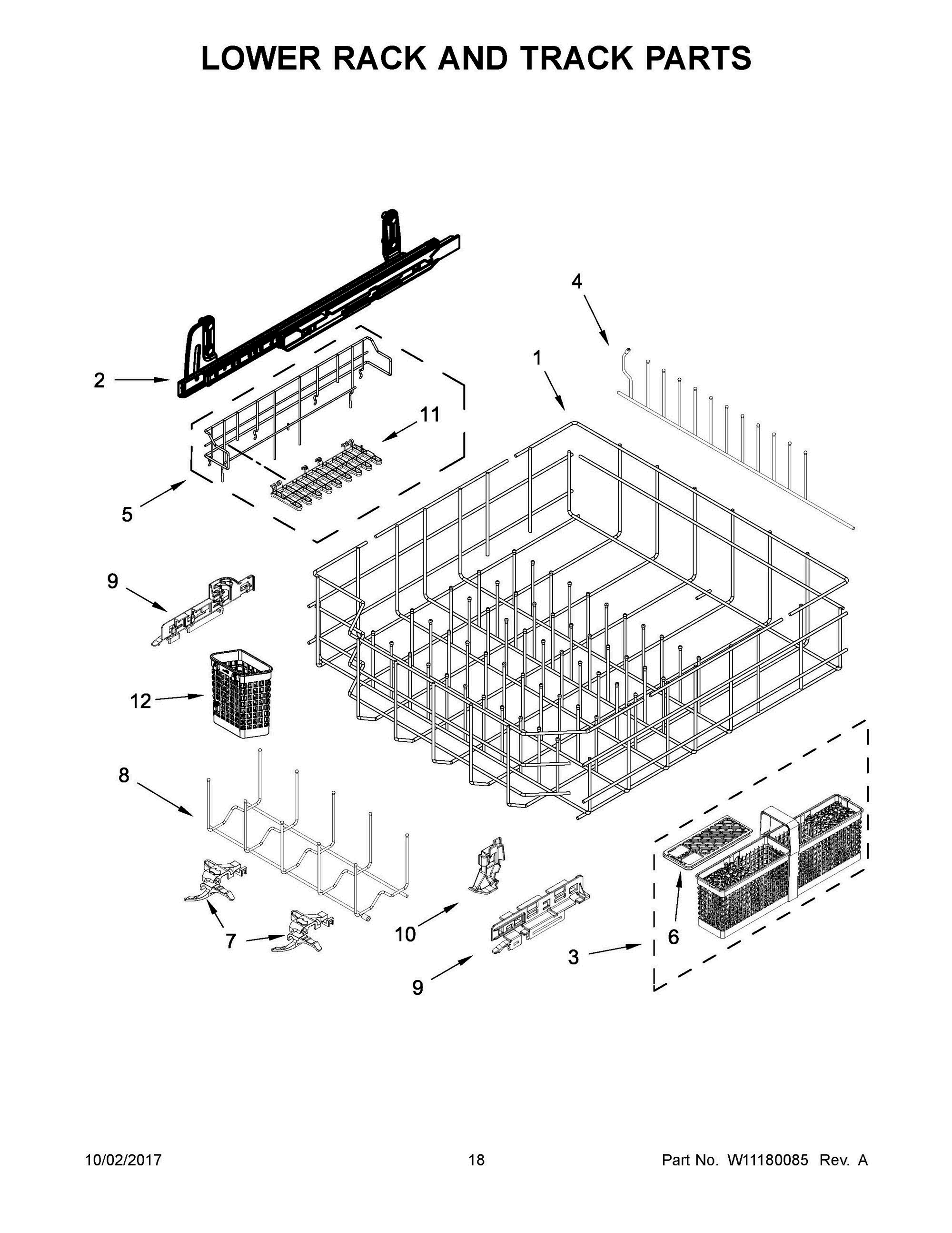 10 - LOWER RACK AND TRACK PARTS Diagram and Parts List for JDTSS245GX0  Whirlpool Dishwasher