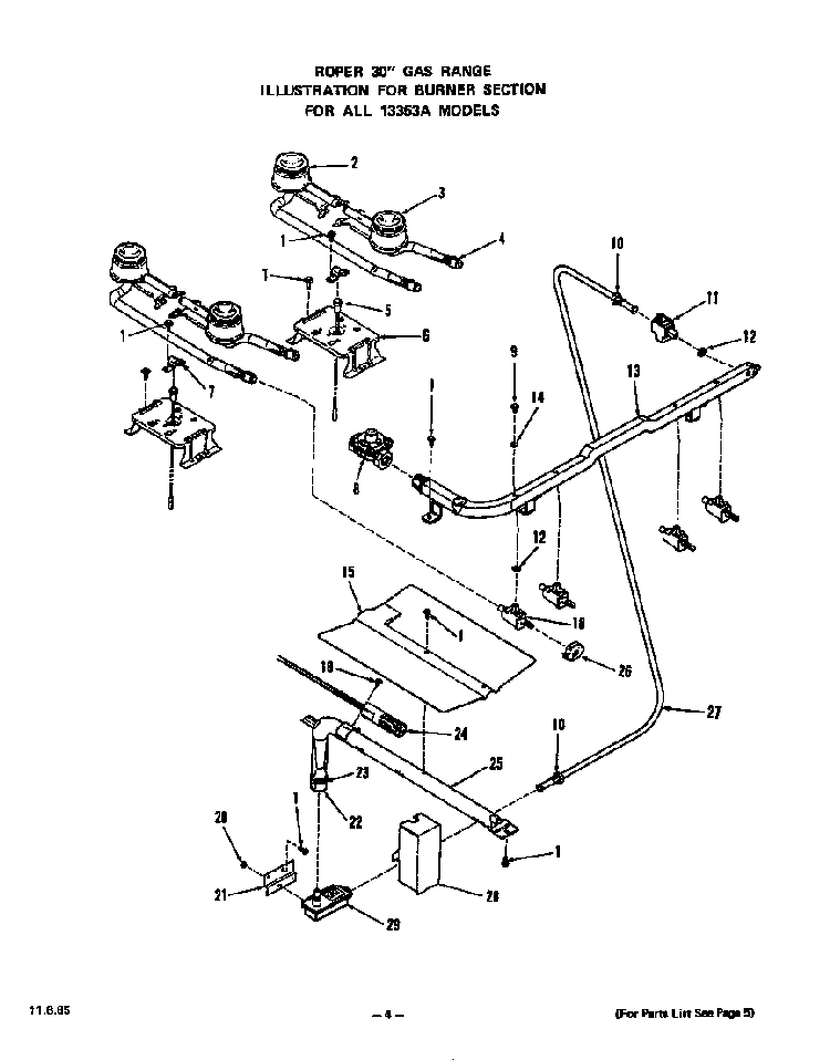 Burner Diagram and Parts List for 1335*3A  Roper Range