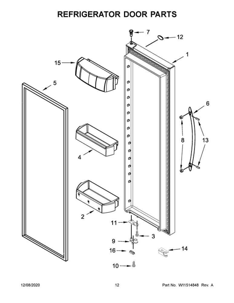 Refrigerator Door Parts Diagram and Parts List for WRS970CIHZ01  Whirlpool Refrigerator