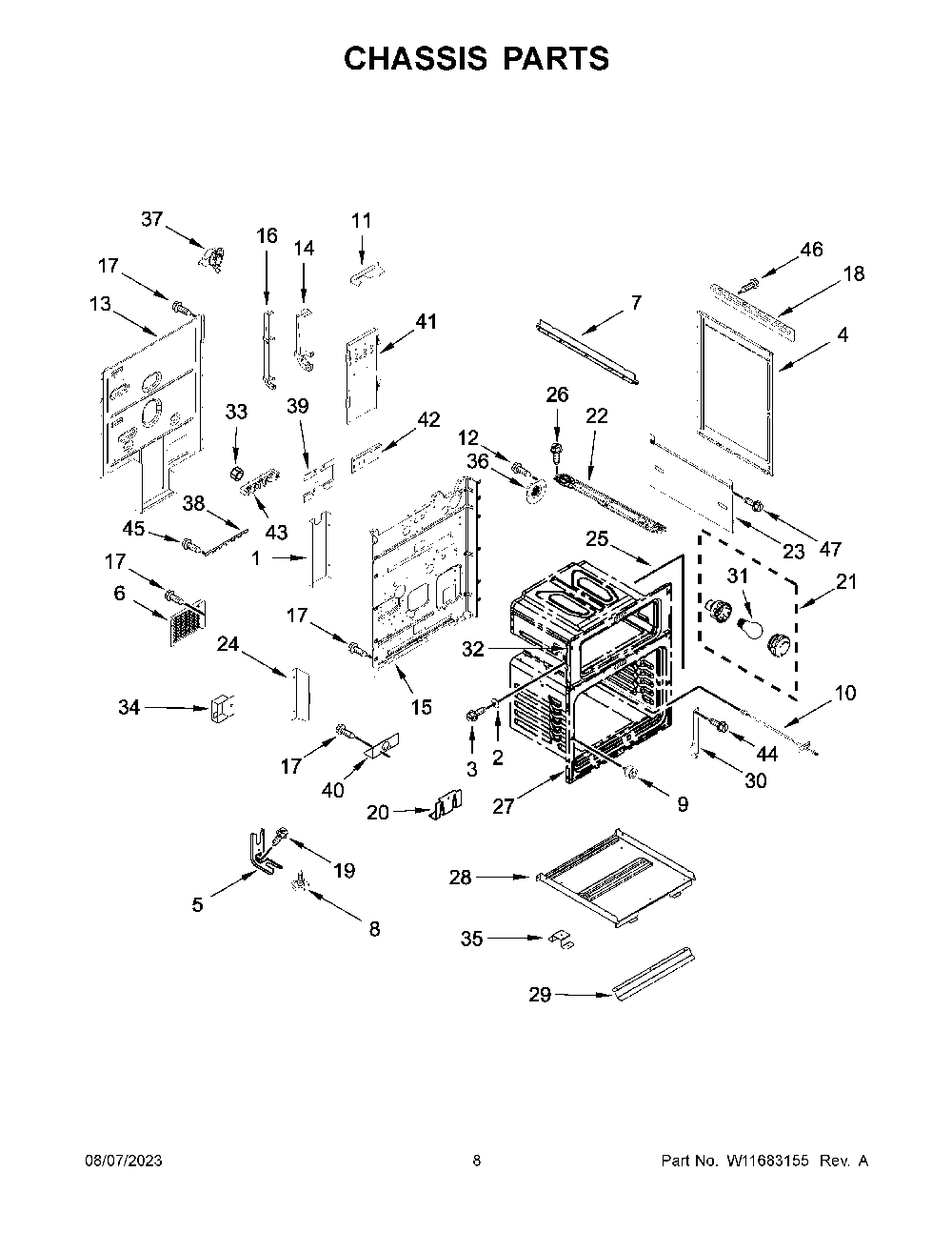 Chassis Parts Diagram and Parts List for KFDD500ESS11  KitchenAid Range