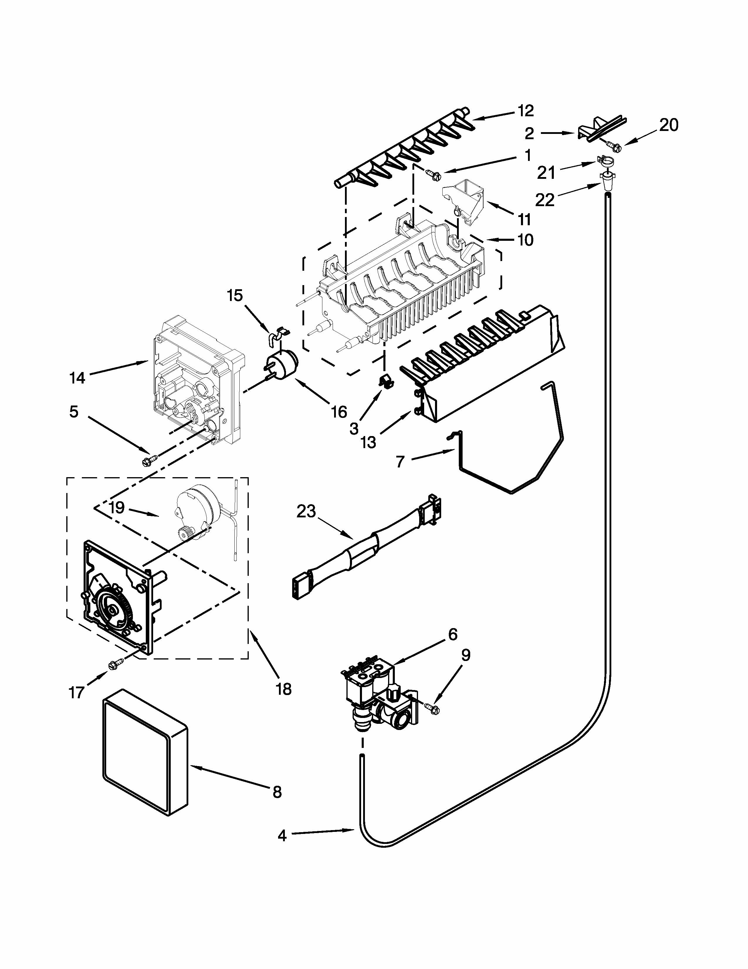 Ice Maker Parts Diagram and Parts List for ISF25D2XBM01  Whirlpool Refrigerator