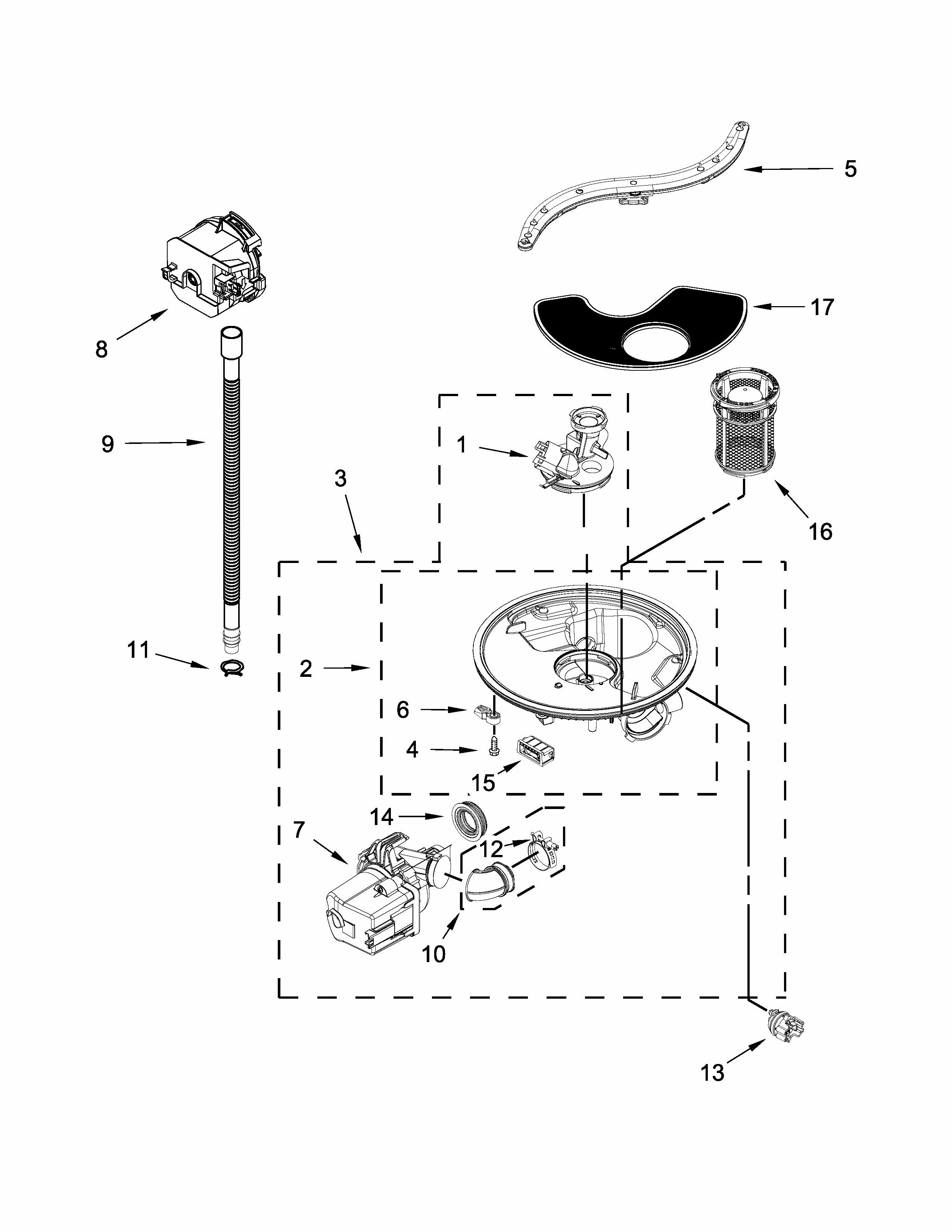 Pump, Washarm And Motor Parts Diagram and Parts List for 66513009N510  Kenmore Dishwasher