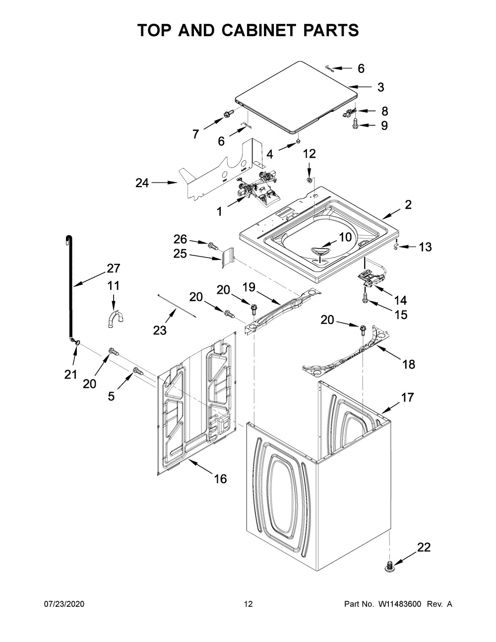 Top And Cabinet Parts Diagram and Parts List for WET4027HW1  Whirlpool Washer Dryer Combo