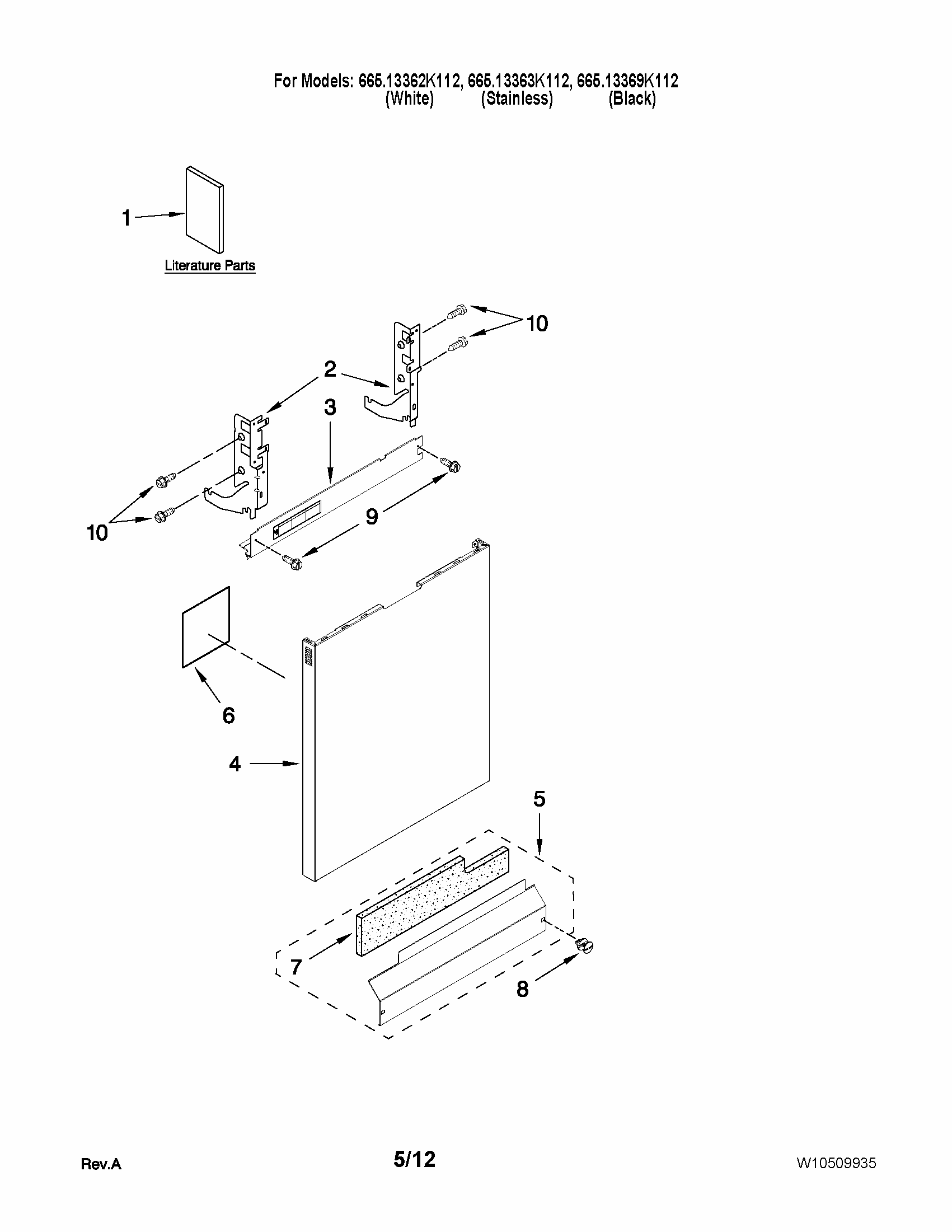 Door And Panel Parts Diagram and Parts List for 66513369K112  Kenmore Dishwasher
