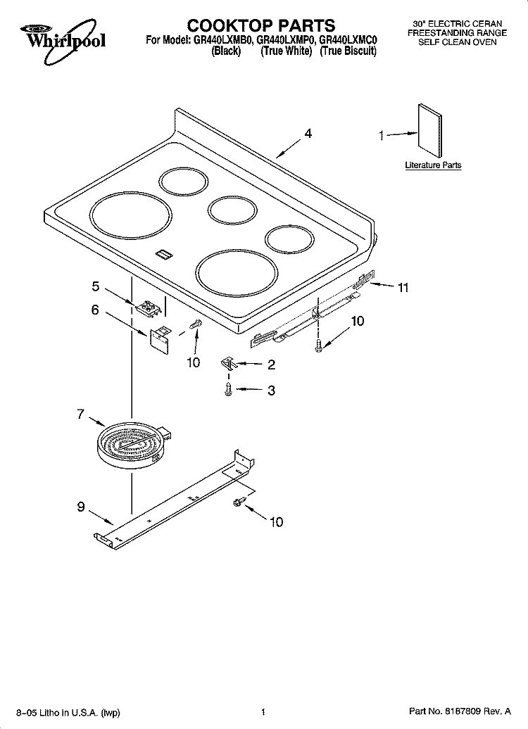 COOKTOP PARTS Diagram and Parts List for GR440LXMB0  Whirlpool Range