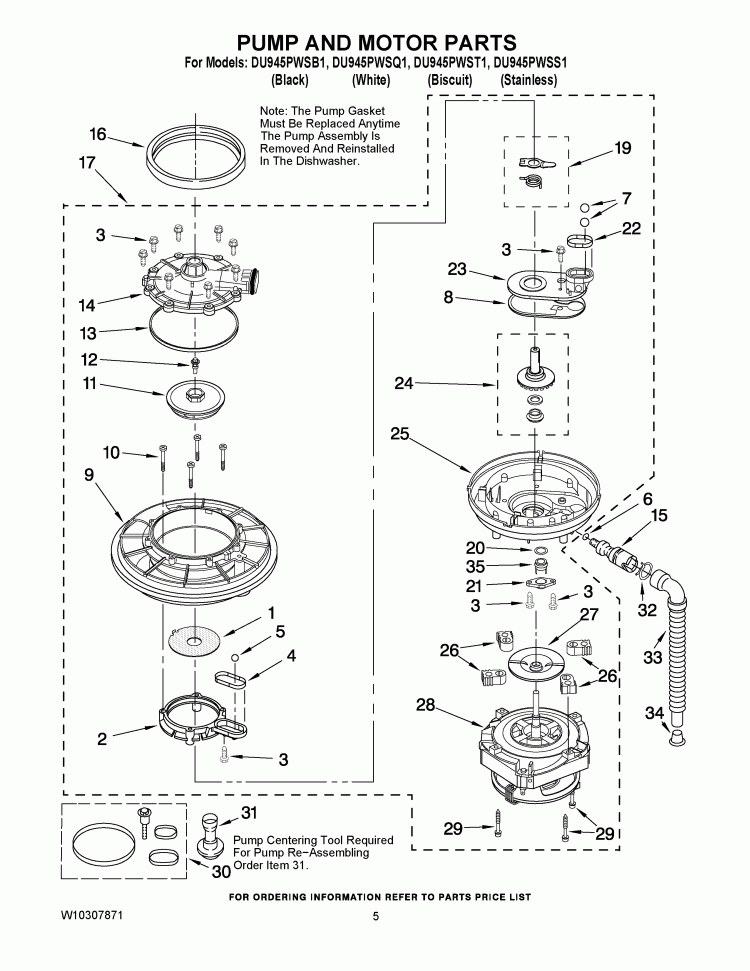 PUMP AND MOTOR PARTS Diagram and Parts List for DU945PWSS1  Whirlpool Dishwasher