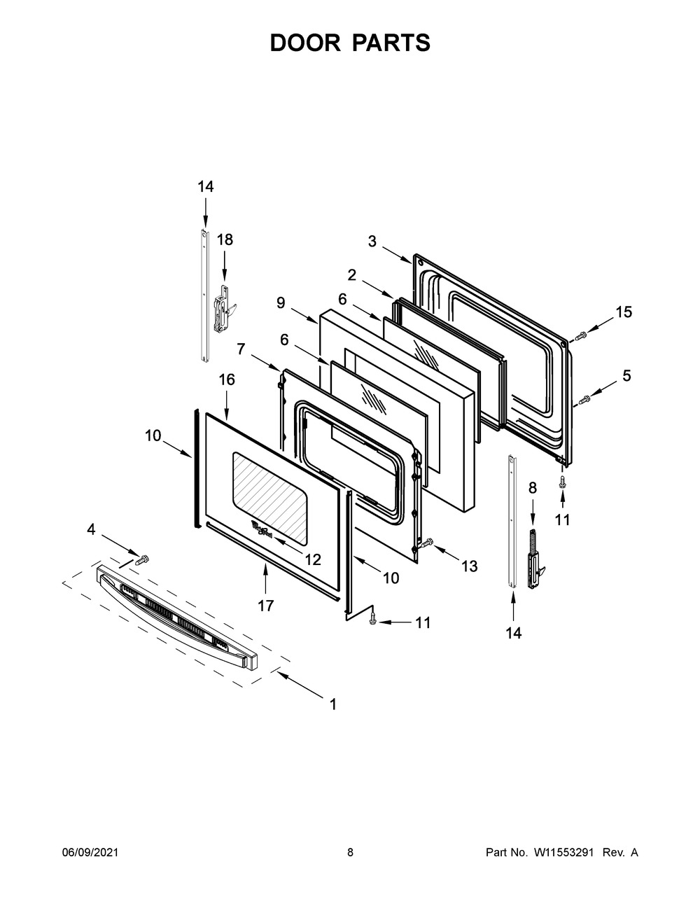 Door Parts Diagram and Parts List for WFE525S0JB1  Whirlpool Range