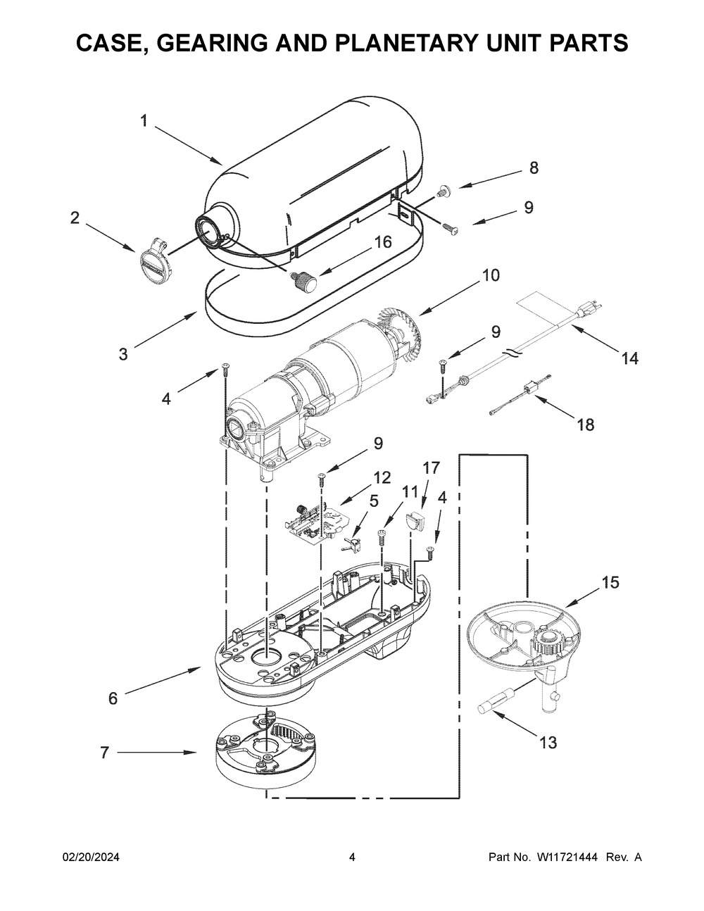 Case, Gearing And Planetary Unit Parts Diagram and Parts List for 3KSMC895TWH1  KitchenAid Mixer