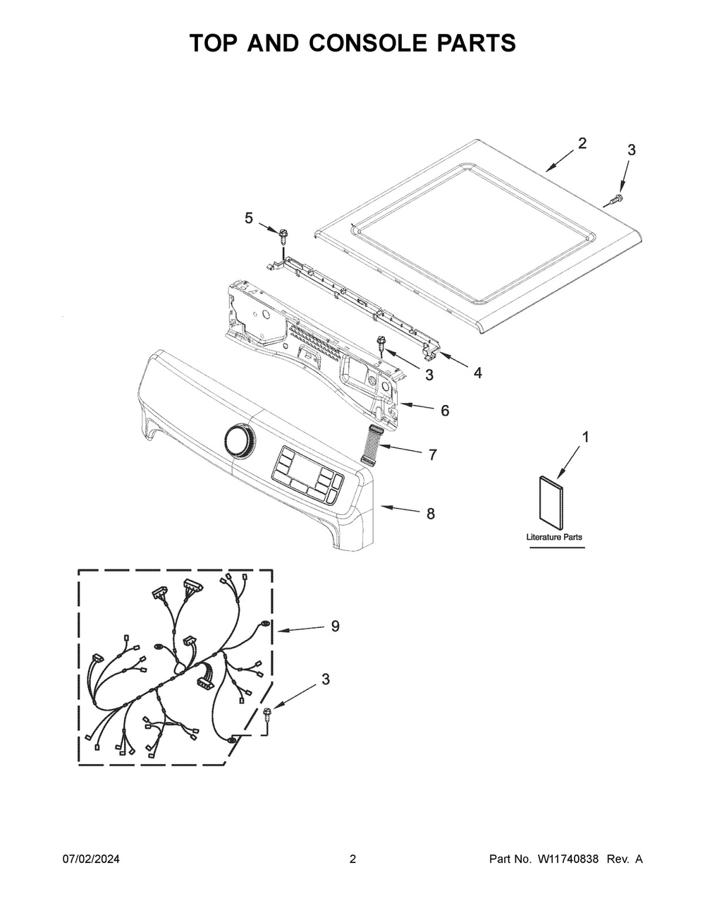 02 - Top And Console Parts Diagram and Parts List for MED7020RW0  Whirlpool Dryer