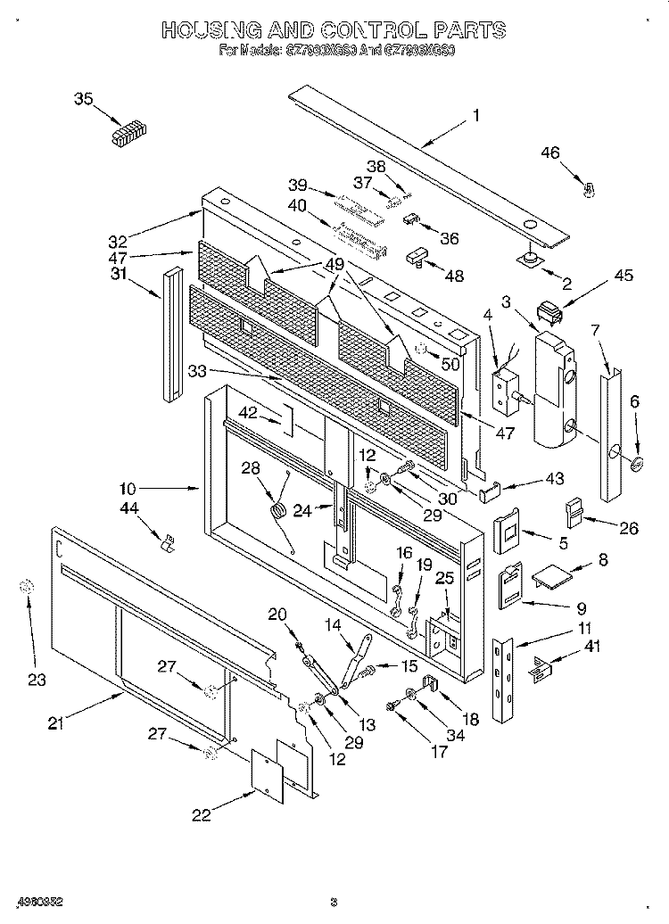 DOOR AND CONTROL Diagram and Parts List for GZ7936XGS0  Whirlpool Range Hood