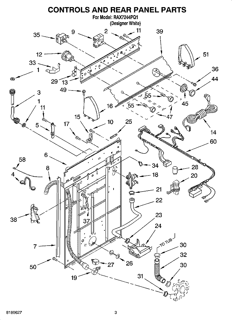 CONTROL AND REAR PANEL PARTS Diagram and Parts List for RAX7244PQ1  Roper Washer