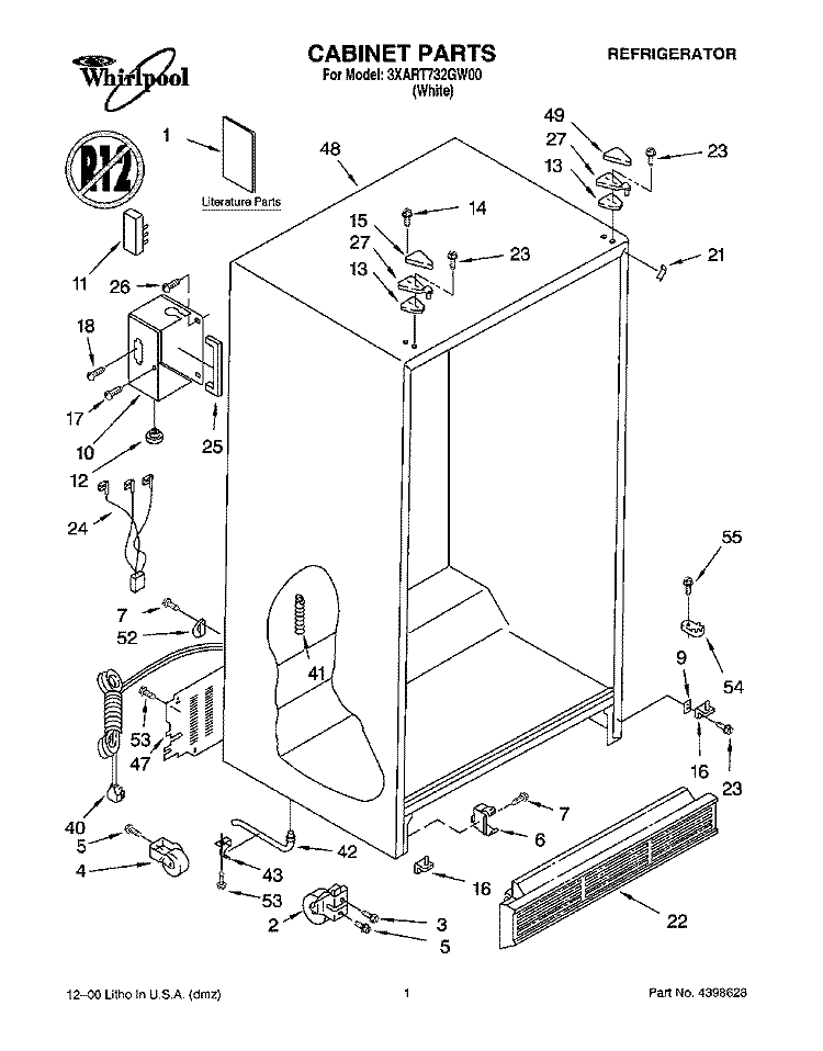 CABINET, LITERATURE Diagram and Parts List for 3XART732GW00  Whirlpool Refrigerator