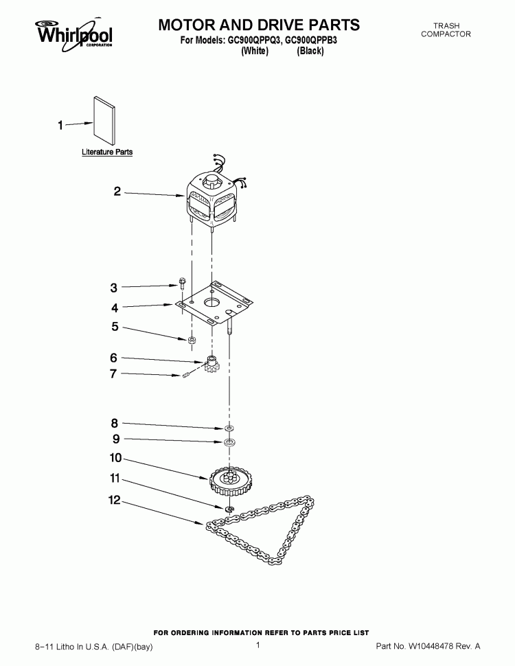MOTOR AND DRIVE PARTS Diagram and Parts List for GC900QPPQ3  Whirlpool Trash Compactor