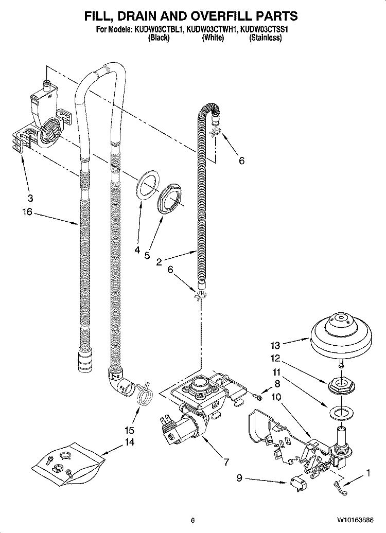 FILL, DRAIN AND OVERFILL PARTS Diagram and Parts List for KUDW03CTBL1  KitchenAid Dishwasher