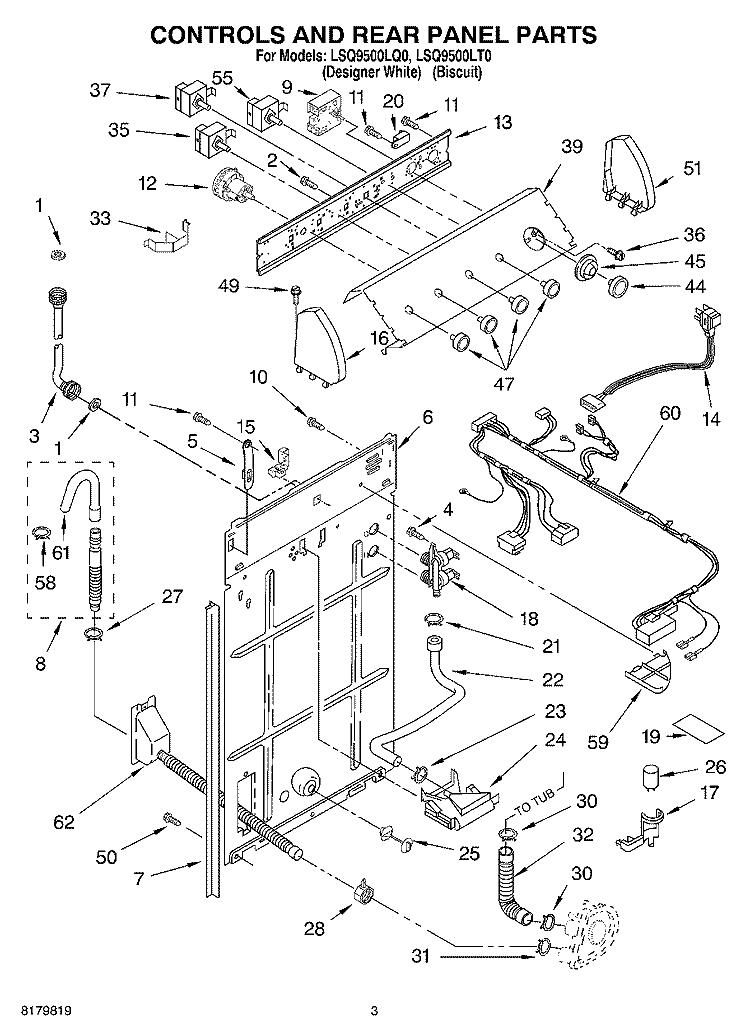 CONTROLS AND REAR PANEL Diagram and Parts List for LSQ9500LT0  Whirlpool Washer