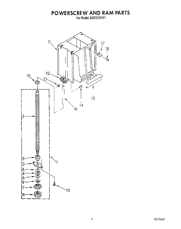 POWERSCREW AND RAM Diagram and Parts List for KUCC151V1  KitchenAid Trash Compactor