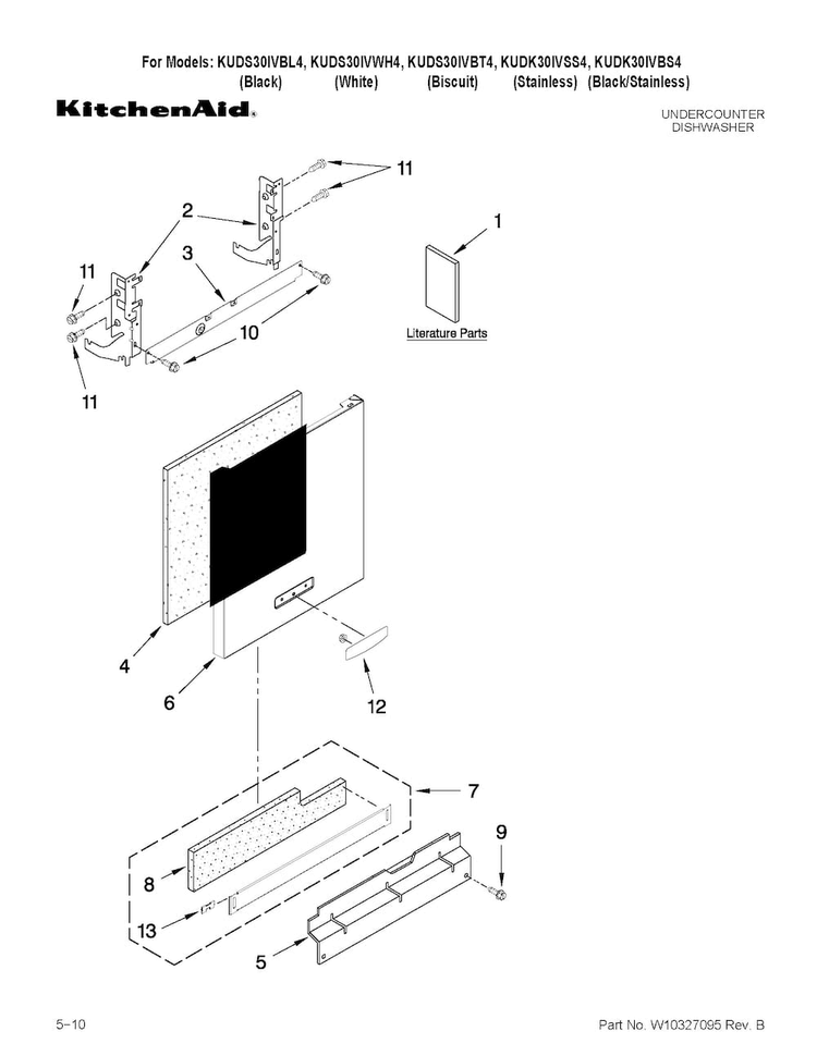 Door And Panel Parts Diagram and Parts List for KUDS30IVSS4  KitchenAid Dishwasher