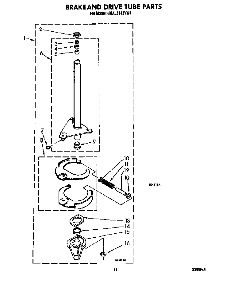 Brake And Drive Tube Diagram and Parts List for 6MAL5143VW1  Whirlpool Washer