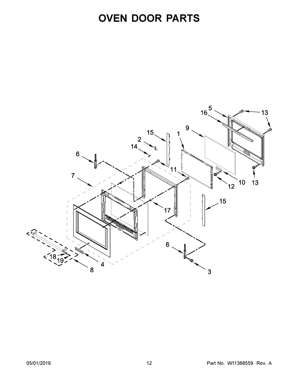 Oven Door Parts Diagram and Parts List for KOCE500EBL09  Whirlpool Microwave Oven Combo