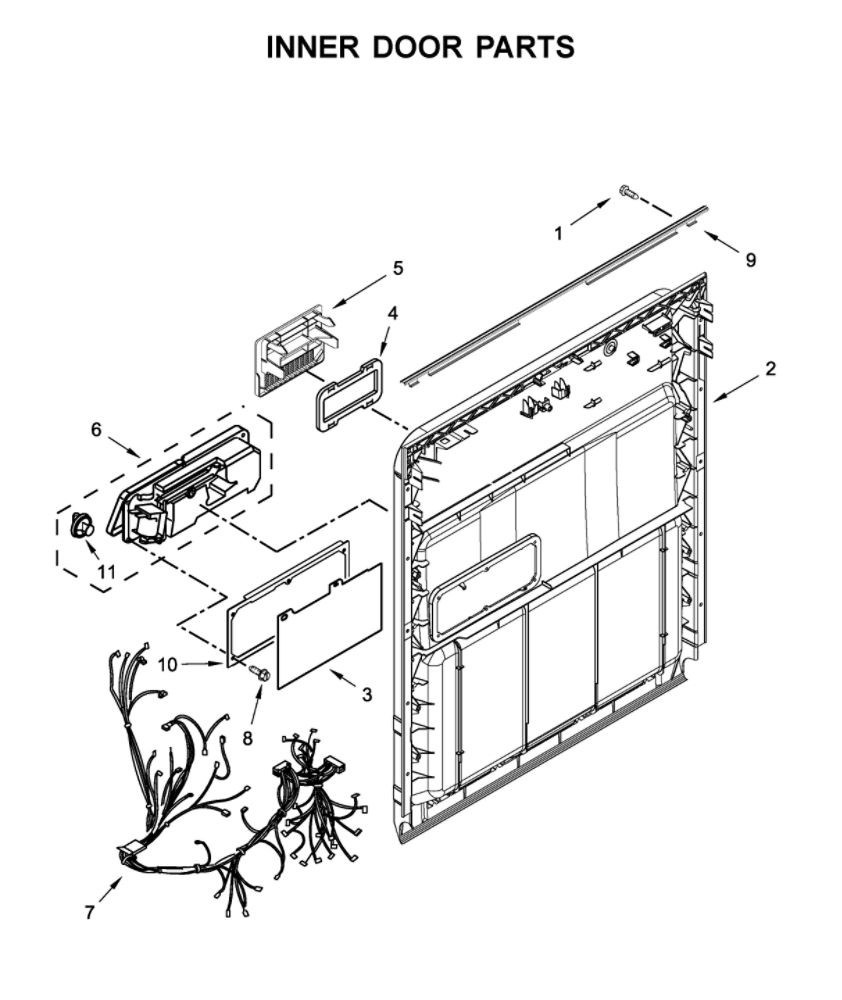 Inner Door Parts Diagram and Parts List for WDF331PAHS1  Whirlpool Dishwasher