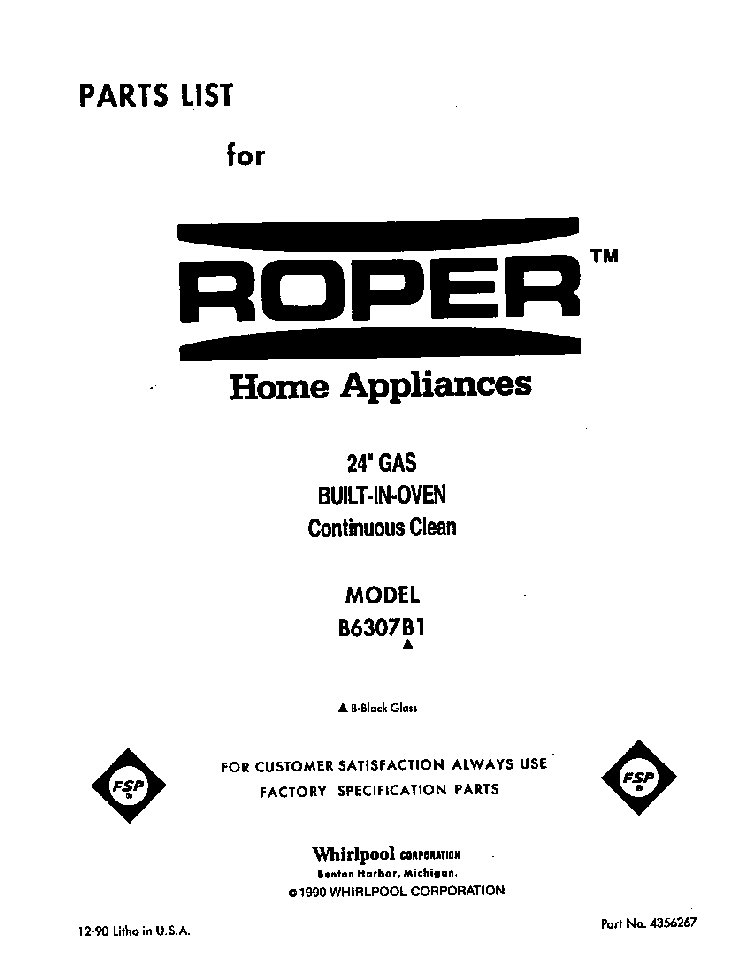 Front Cover Diagram and Parts List for B6307B1  Roper Range