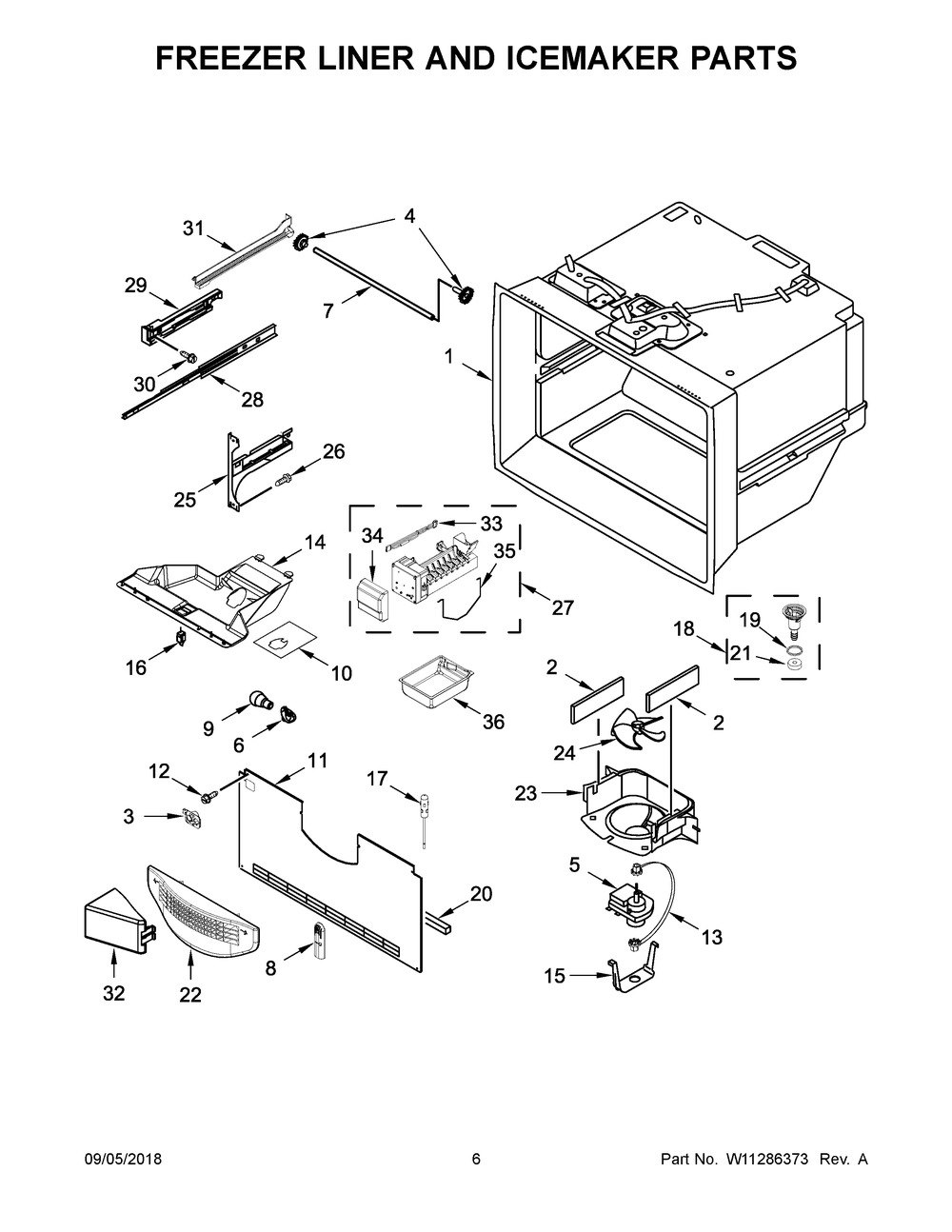 Freezer Liner And Icemaker Parts Diagram and Parts List for WRFA32SMHZ01  Whirlpool Refrigerator