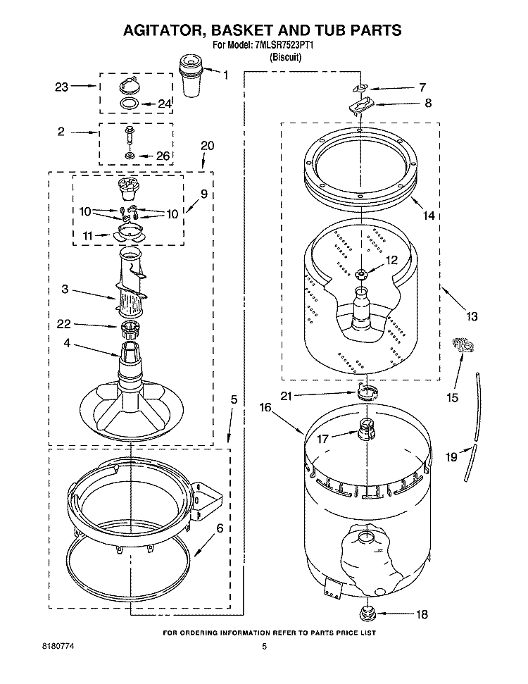 AGITATOR, BASKET AND TUB PARTS Diagram and Parts List for 7MLSR7523PT1  Whirlpool Washer