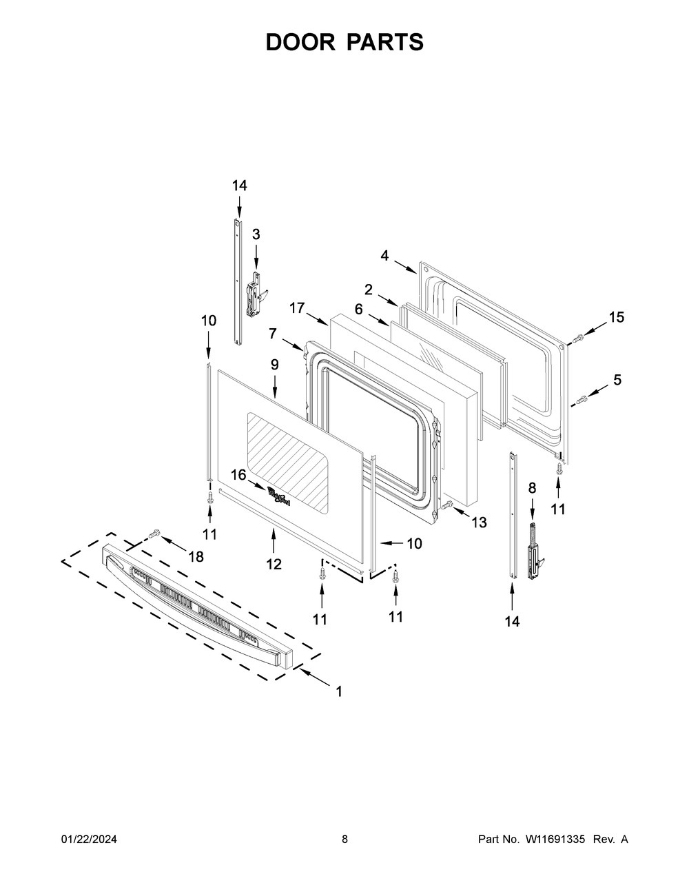 Door Parts Diagram and Parts List for WFE550S0LW3  Whirlpool Range