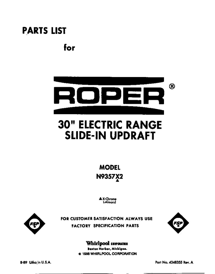 Front Cover Diagram and Parts List for N9357*2  Roper Range