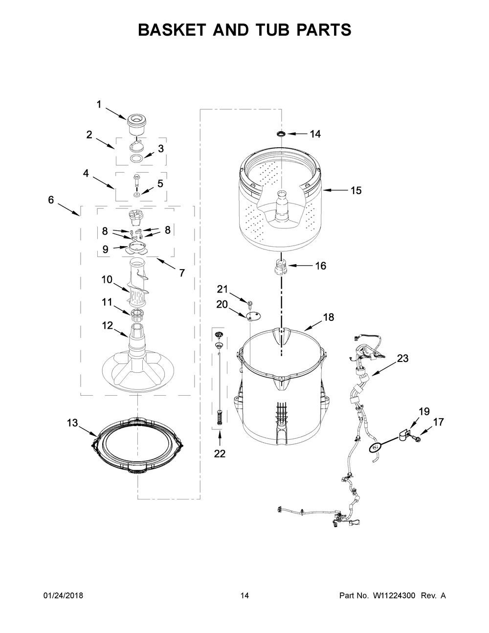 Basket And Tub Parts Diagram and Parts List for 7MWET4027HW0  Whirlpool Washer Dryer Combo