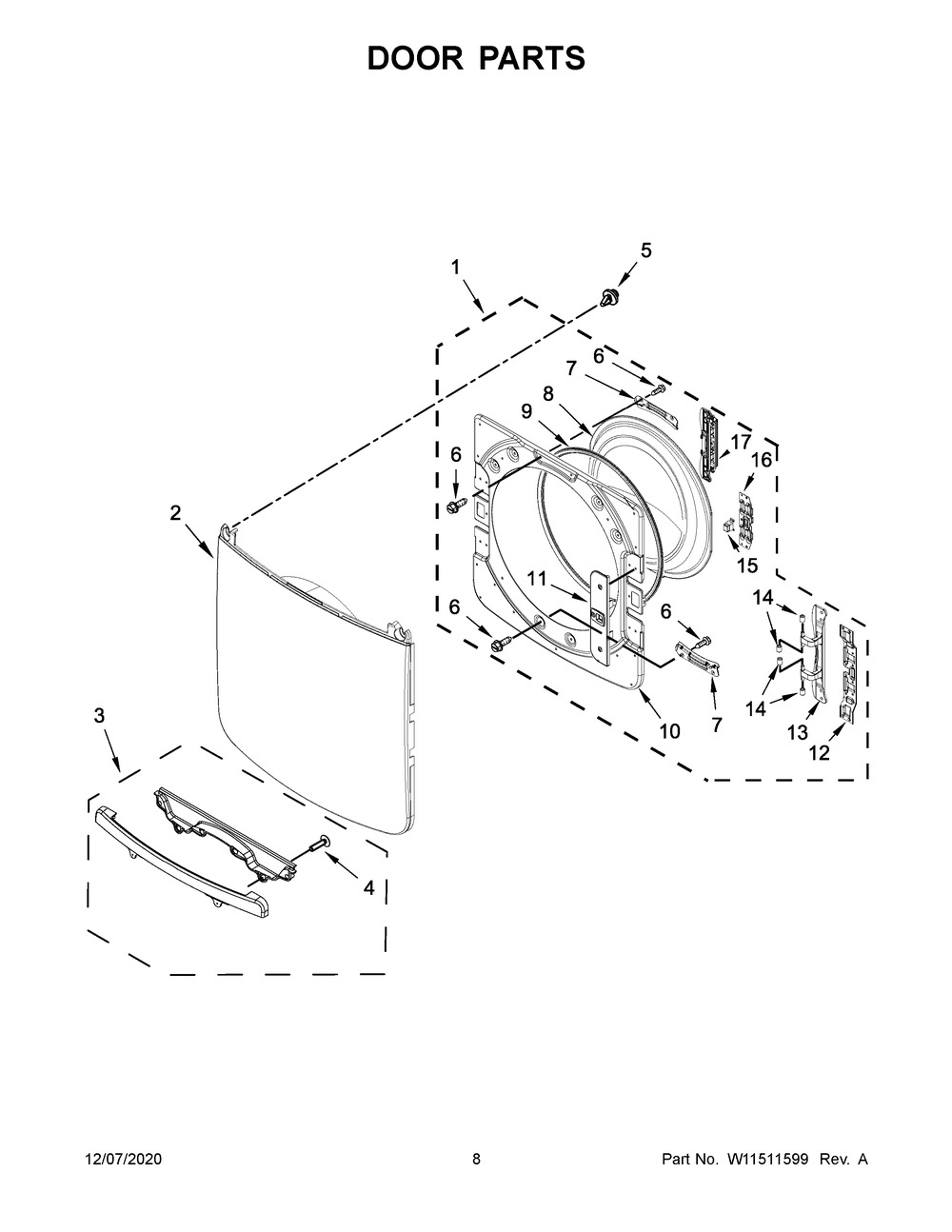 Door Parts Diagram and Parts List for MED5630HW2  Whirlpool Dryer