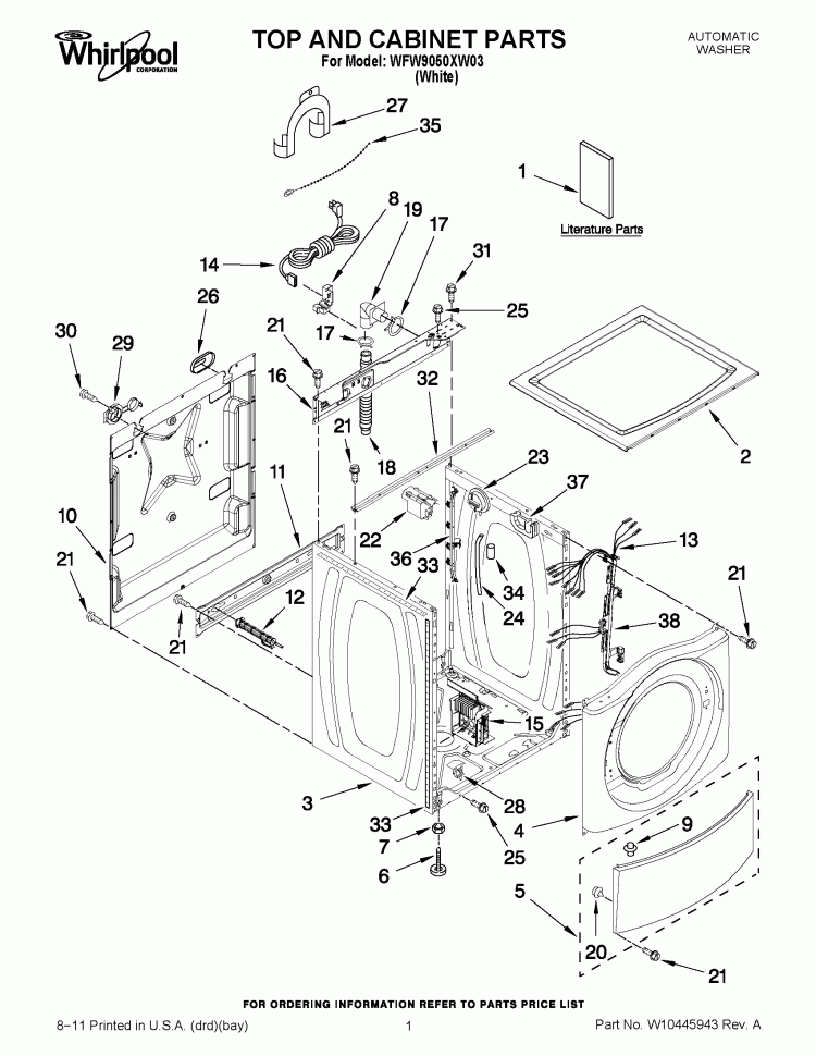 TOP AND CABINET PARTS Diagram and Parts List for WFW9050XW03  Whirlpool Washer