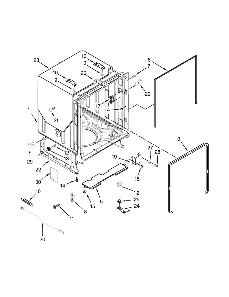 Tub And Frame Parts Diagram and Parts List for WDF780SLYB3  Whirlpool Dishwasher