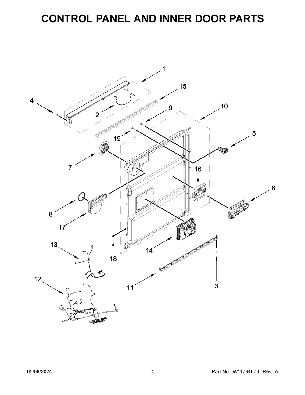 Control Panel And Inner Door Parts Diagram and Parts List for KDTE104KPS3  KitchenAid Dishwasher