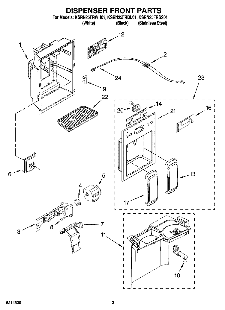 DISPENSER FRONT PARTS Diagram and Parts List for KSRN25FRWH01  KitchenAid Refrigerator